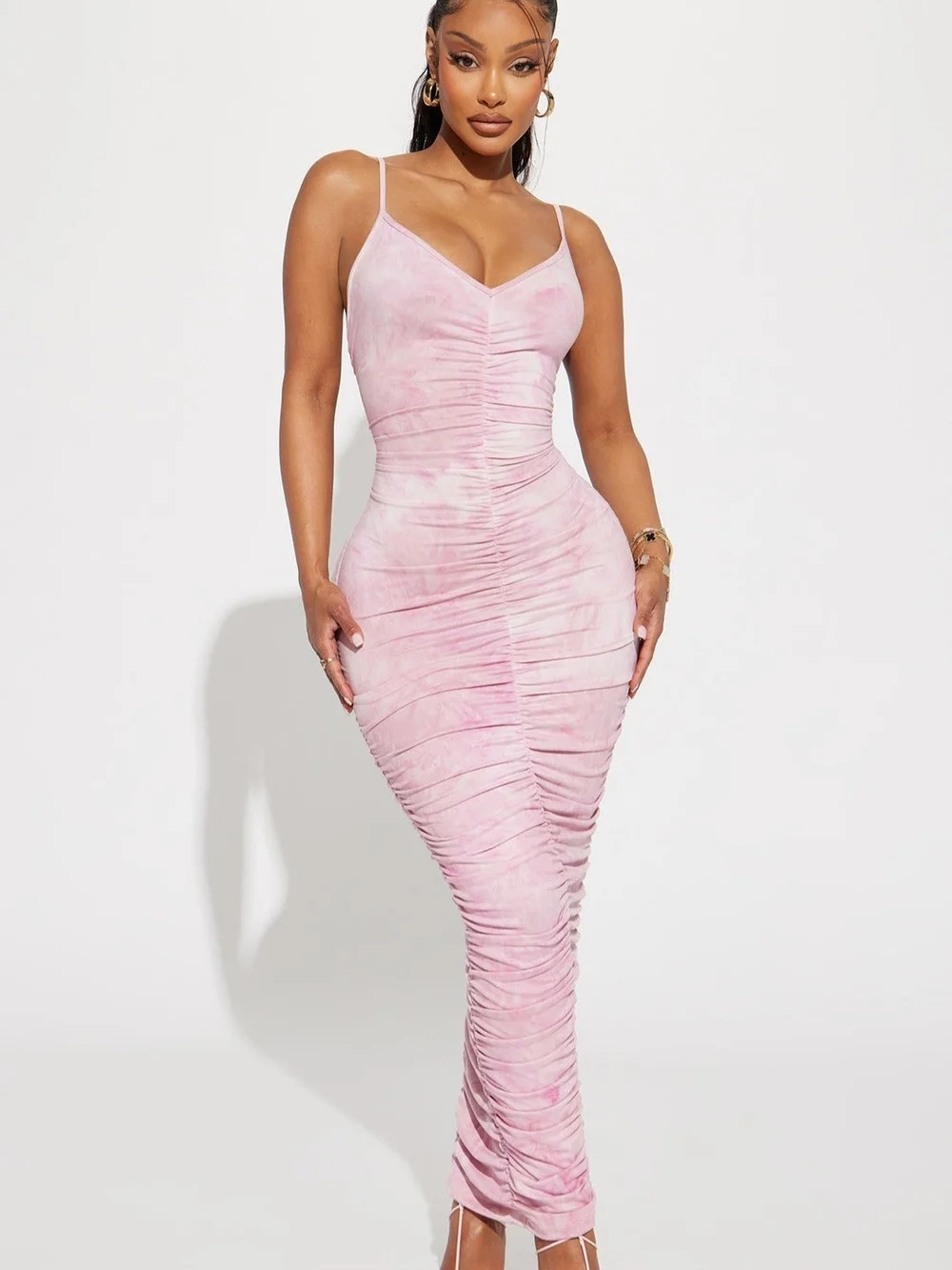 Ruched Pink Spaghetti-Strap Maxi Dress